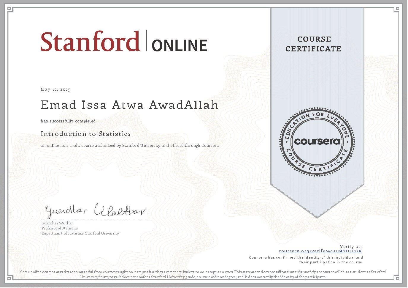 Introduction to Statistics Certificate